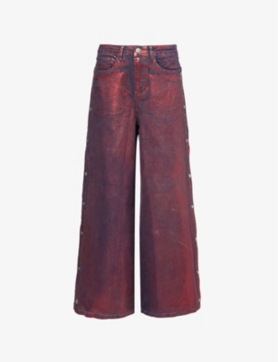 Amy Lynn Womens  Wren Foil-coated Wide-leg Denim Trousers In Red
