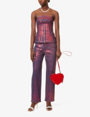 Amy Lynn Womens  Johanna Foil-coated Denim Corset Top In Red