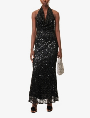 AMY LYNN: Plunge halterneck sequin woven maxi dress