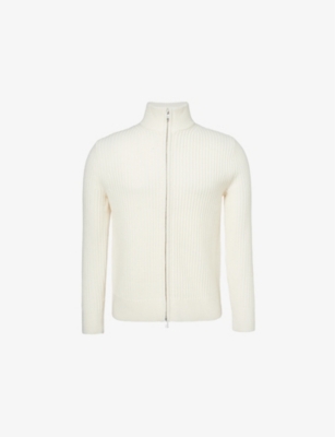 Theory Mens Tomas Front-zip Ribbed Merino Wool Knitted Knitwear White Ivory In White Ivory