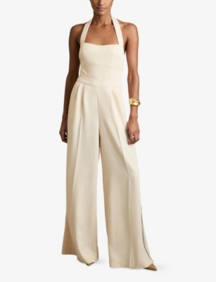 REISS: Viola Embroidered Halterneck Wide-Leg Woven Jumpsuit