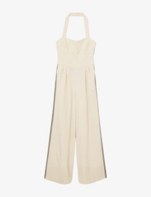 REISS: Viola Embroidered Halterneck Wide-Leg Woven Jumpsuit