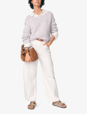 The White Company S Palewillow Mouline Slash-neck Long-sleeve Cotton And Linen-blend Jumper Xl In Gray