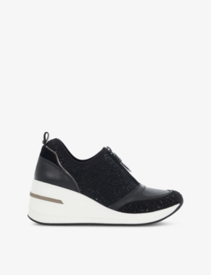 DUNE: Elsha crystal-embellished wedge leather low-top trainers