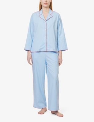 DESMOND AND DEMPSEY WOMENS BLUE CONTRAST-TRIM LONG-SLEEVE COTTON PYJAMA SET 