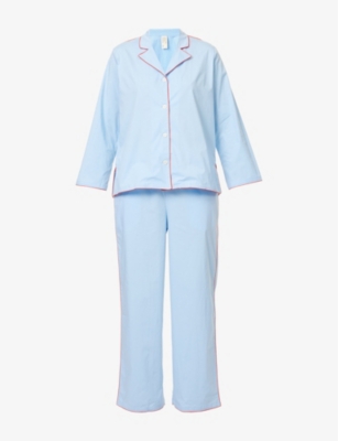 DESMOND AND DEMPSEY WOMENS BLUE CONTRAST-TRIM LONG-SLEEVE COTTON PYJAMA SET 