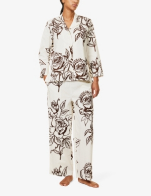 Desmond And Dempsey Womens Cream Brown Contrast-trim Long-sleeve Cotton Pyjama Set In Cream Brown