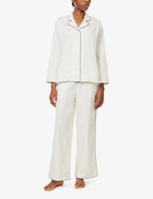Desmond And Dempsey Womens Contrast-trim Long-sleeve Cotton Pyjama Set Cream In Cream