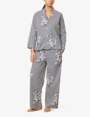 Desmond And Dempsey Womens Contrast-trim Long-sleeve Cotton Pyjama Set Navy In Navy