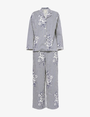 DESMOND AND DEMPSEY WOMENS DESMOND AND DEMPSEY CONTRAST-TRIM LONG-SLEEVE COTTON PYJAMA SET 