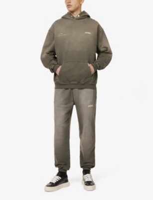 Represent Patron Of The Club Olive Green Hoodie With Front And Back Logo Print In Cotton Man In Washed Olive