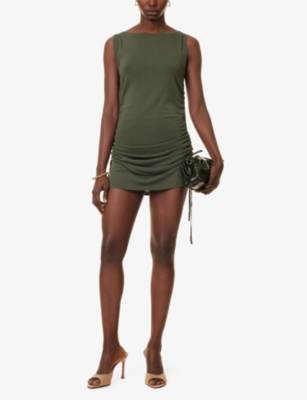 SIR WOMENS KHAKI YOLANDA RUCHED KNITTED MINI DRESS 