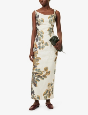 SIR WOMENS PINE VALLEY EVALITA TWIST FLOWER-PRINT LINEN MIDI DRESS XS 