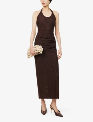 SIR WOMENS CHOCOLATE JACQUES KNOT HALTERNECK STRETCH-WOVEN MIDI DRESS 
