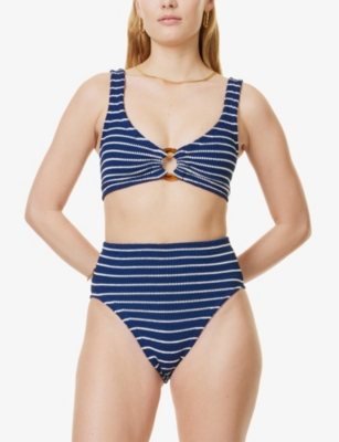 Hunza G Womens Navy White Nadine Hoop-trim Striped Seersucker Bikini Set In Blue