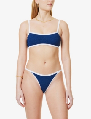 HUNZA G WOMENS NAVY TYLER CONTRAST-TRIM SEERSUCKER BIKINI SET 