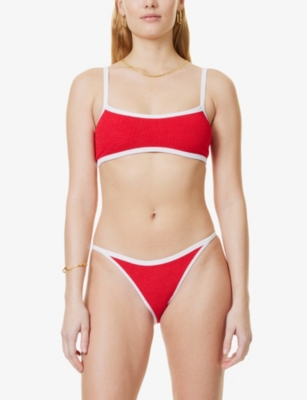 HUNZA G WOMENS RED WHITE TYLER CONTRAST-TRIM SEERSUCKER BIKINI SET 