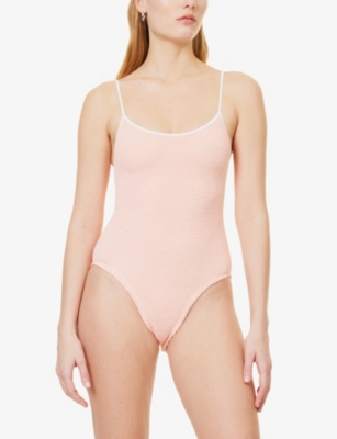 HUNZA G: Pamela contrast-strap seersucker swimsuit