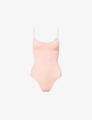 HUNZA G: Pamela contrast-strap seersucker swimsuit
