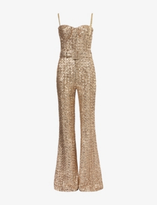 Nadine Merabi Womens Gold Hailey Flared-leg Sequin Velvet Jumpsuit Xs