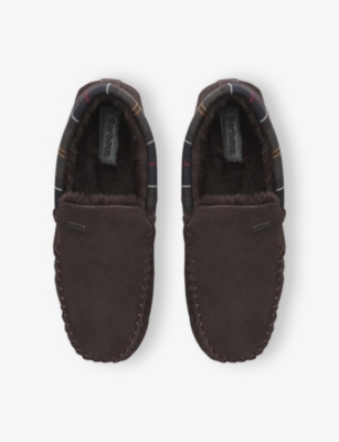 Barbour Mens Monty Faux-shearling Lined Tartan-check Suede Slippers Dark Brow In Dark Brown