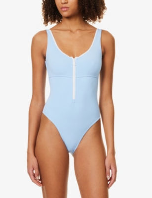 Shop Melissa Odabash Womens Dusty Blue/white Bellino Zip-front Swimsuit