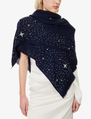 Janavi India Womens Galactic Rhinestone-embellished Wool Scarf Peacoat In Peacoat
