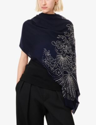 Janavi India Womens  Pearl Art Rhinestone-embellished Merino Wool Scarf In Navy