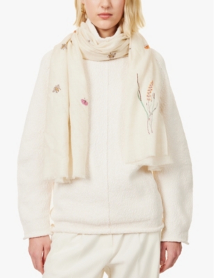 PINK MAHARANI: Meadow embroidered fringed cashmere scarf