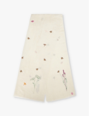PINK MAHARANI: Meadow embroidered fringed cashmere scarf