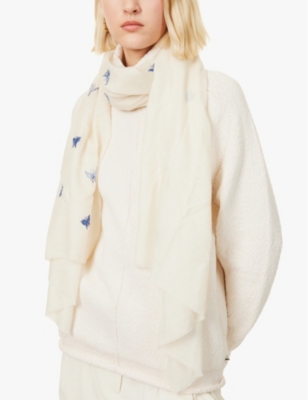 PINK MAHARANI: Butterfly embroidered fringed cashmere scarf