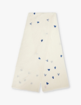 PINK MAHARANI: Butterfly embroidered fringed cashmere scarf