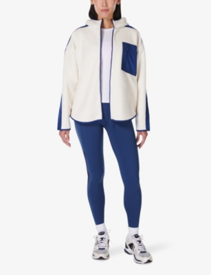 SWEATY BETTY WOMENS ROAM HOODED BORG JACKET LILYWHITE FLUXBLUE 