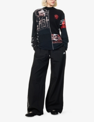 MARINE SERRE WOMENS BLACK MONOGRAM-PANEL TWO-SLIP-POCKETS WIDE-LEG HIGH-RISE WOVEN-BLEND JOGGING BOTTOMS XS 