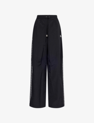MARINE SERRE WOMENS BLACK MONOGRAM-PANEL TWO-SLIP-POCKETS WIDE-LEG HIGH-RISE WOVEN-BLEND JOGGING BOTTOMS XS 