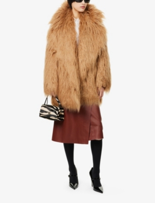 THE FRANKIE SHOP WOMENS MILEY NOTCH-LAPELS RELAXED-FIT FAUX-FUR COAT CAMEL XS 