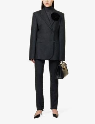 THE FRANKIE SHOP WOMENS DARK GREY MELANGE MORRISON BUTTONED-POCKET STRAIGHT-LEG HIGH-RISE STRETCH-WOOL TROUSERS 