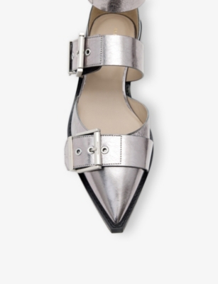 Allsaints Womens  Sutton Metallic-leather Flat Courts In Gunmetal Grey