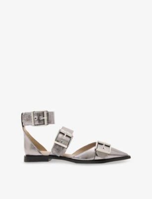 Allsaints Womens  Sutton Metallic-leather Flat Courts In Gunmetal Grey