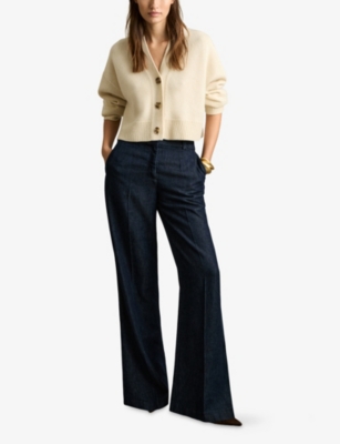 Reiss Womens Reed Denim-look Wide-leg Woven Trousers Dark Blue In Dark Blue