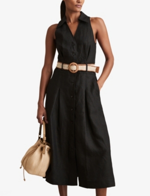 Reiss Womens Black Annie Belted Sleeveless Linen Midi Dress In Black
