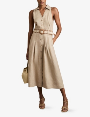 REISS: Annie Belted Sleeveless Linen Midi Dress