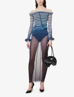 JEAN PAUL GAULTIER: Striped Padded-Trims Woven Maxi Dress