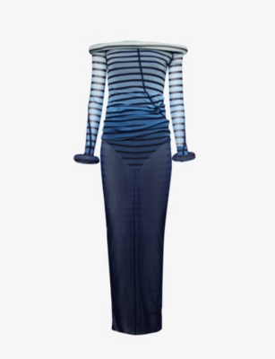 JEAN PAUL GAULTIER: Striped Padded-Trims Woven Maxi Dress