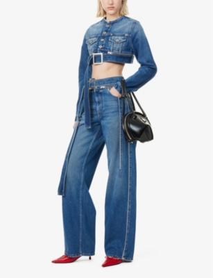JEAN PAUL GAULTIER: Zipped-Belt Brand-Patch Wide-Leg High-Rise Denim Jeans