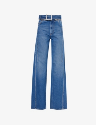 JEAN PAUL GAULTIER: Zipped-Belt Brand-Patch Wide-Leg High-Rise Denim Jeans