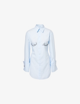 JEAN PAUL GAULTIER WOMENS BABYBLUE EMBOSSED-BRANDING LONG-SLEEVES STRETCH-COTTON SHIRT