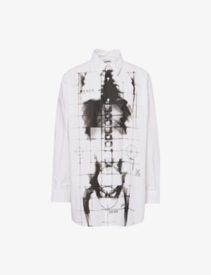 JEAN PAUL GAULTIER WOMENS WHITE/BLACK SKELETON-PRINT CURVED-HEM COTTON-POPLIN SHIRT