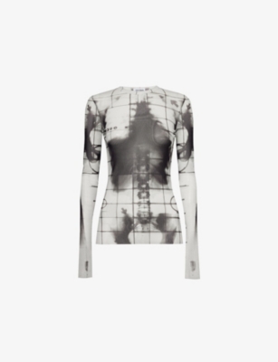 JEAN PAUL GAULTIER WOMENS SKELETON-PRINT LONG-SLEEVES WOVEN TOP WHITE BLACK