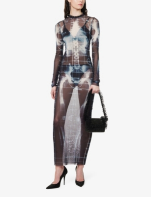 JEAN PAUL GAULTIER: Skeleton-Print Long-Sleeves Woven Maxi Dress